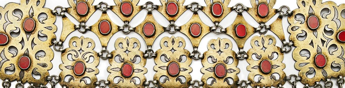 Headdress Ornament (detail), Teke 1900-1910, Afghanistan, silver, gold wash, carnelian. Collection Mingei International Museum. Photo by Lynton Gardiner. 2001-03-011.