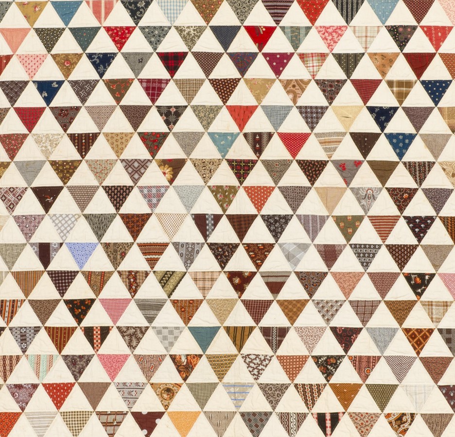 Charm Quilt - Thousand Pyramids (detail), unidentified maker, 1870s, Lancaster, Pennsylvania, cotton on thin and even. Collection Mingei International Museum.  Gift of Pat L. Nickols. Digitization made possible through the Quilter's Guild of Dallas, Quilt Accessibility Project. Photo by Tim Siegert. 2012-35-044