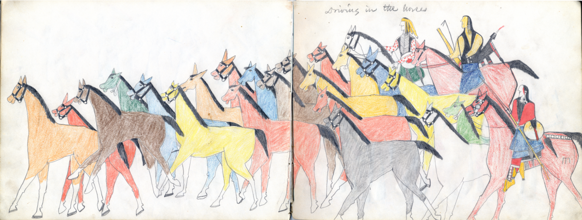 A herd of horses drawn on ledger paper