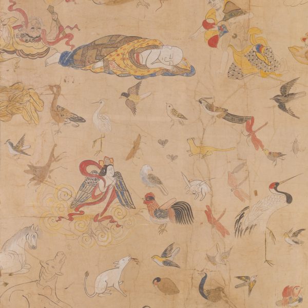 Scroll - Death of Buddha (Paranirvana), Tori (or Kuro) Kawa, Early 18th Century, Japan, silk paper, pigment. Collection Mingei International Museum. Bequest of John Boehme in memory of Marion Stephenson Jennings. Photo by Lynton Gardiner. 1980-14-001.