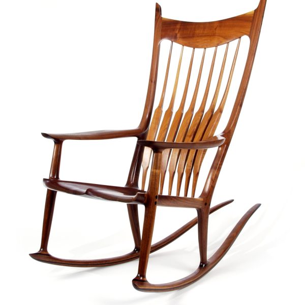 Rocking Chair, Sam Maloof, 1996, Alta Loma, California, U.S.A., walnut, ebony. Collection Mingei International Museum. Gift of the Sam and Alfreda Maloof Foundation for Arts and Crafts and the Herb Hafif Family Foundation. Photo by Lynton Gardiner. 1996-92-001.