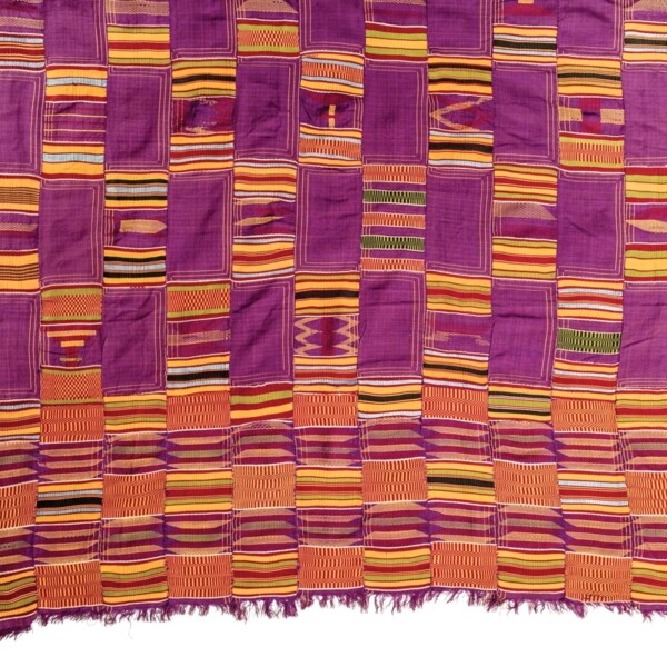 Kente cloth is the best known of all African textiles, identified by its dazzling, multicolored patterns of geometric shapes in bold designs. This cloth is woven in continuous narrow strips that are cut and pieced together to make large cloths. The base of this all-silk cloth (the stable warp to which the weft is added) is  purple, as is every other block of the upper portion. The warp disappears from view in the bottom portion, where the weft threads cover it entirely.