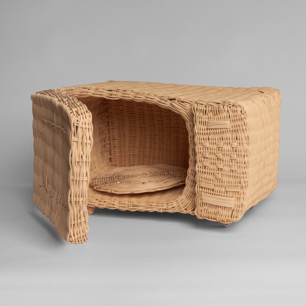 India Thompson (Los Angeles, California, b. 1995), Microwave, 2025. Woven reed. 12 x 20 1/2 x 13 1/4 in. Courtesy of the Artist. Photo by Ron Kerner.