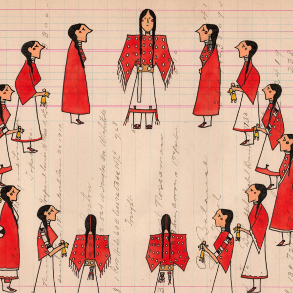 A group of Indigenous people drawn on ledger paper