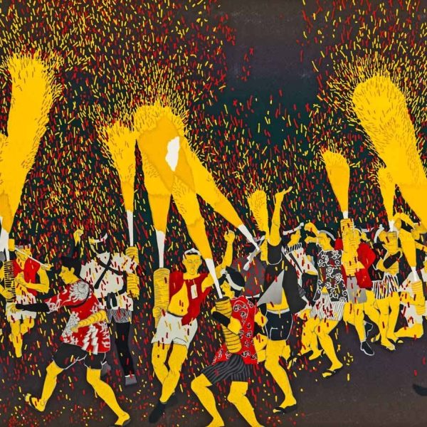 Hand-Carrying Fireworks, 65/75, Masaaki Tanaka,  1981, Siguoka Prefecture, Japan, Silkscreen print. Collection of Maurice Kawashima. Photo by Ken Kondo. L76-02-035