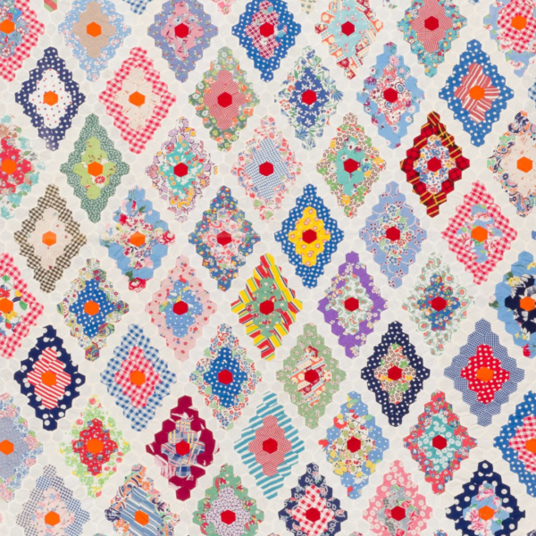 Feed sack quilt top - Hexagon Diamonds by an unidentified maker around 1940s. 1012-35-111. Quilt made of feed sack fabrics