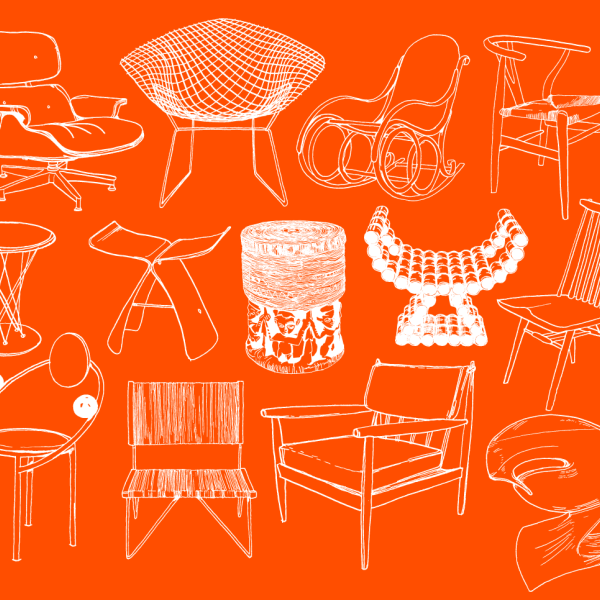 Illustrations of chairs featured in the exhibition, Please Be Seated, at Mingei International Museum. Illustrations by Rodrigo Calderon.